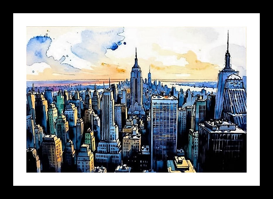 NYC Sunset Watercolor: Breathtaking Cityscape Portrait Photo Frame With Photo, Wall Hanging Art, Wall Decor, Home Decor, Picture Frame | Size: 8 x 12 inches