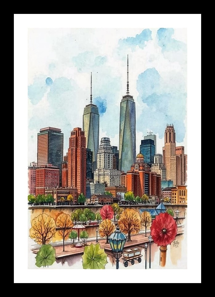 Watercolor Cityscape Skyline Portrait - Modern High Rise Art Photo Frame With Photo, Wall Hanging Art, Wall Decor, Home Decor, Picture Frame | Size: 8 x 12 inches
