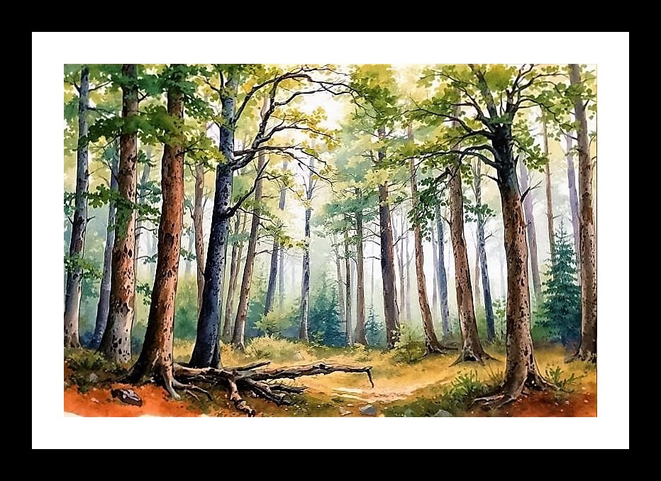 Sun-Dappled Forest Path: Serene Watercolor Portrait. Photo Frame With Photo, Wall Hanging Art, Wall Decor, Home Decor, Picture Frame | Size: 8 x 12 inches