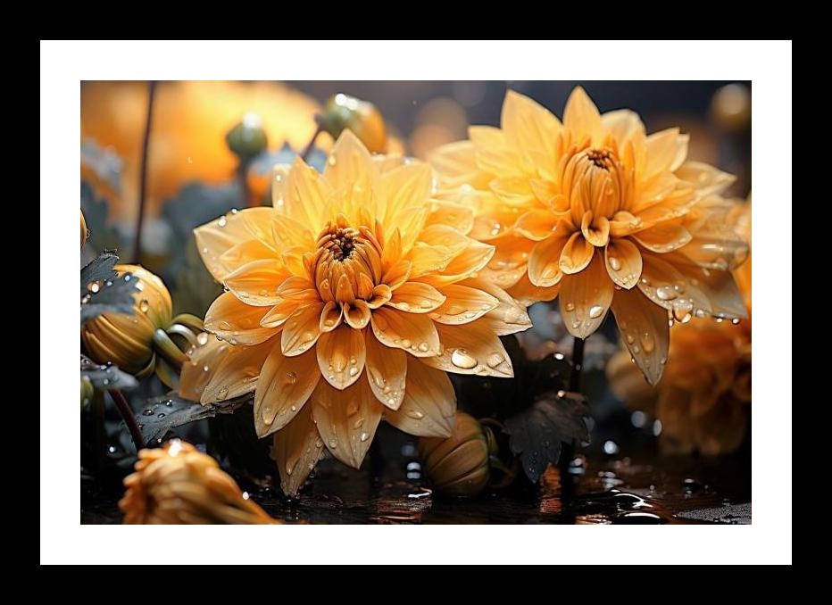 Golden Dahlia Dewdrop: Radiant Bloom Art. Wall Art, Interior Accents, Framing Solutions, Residential/Commercial Decor, Premium Gifts | Size: 8 x 12 inches