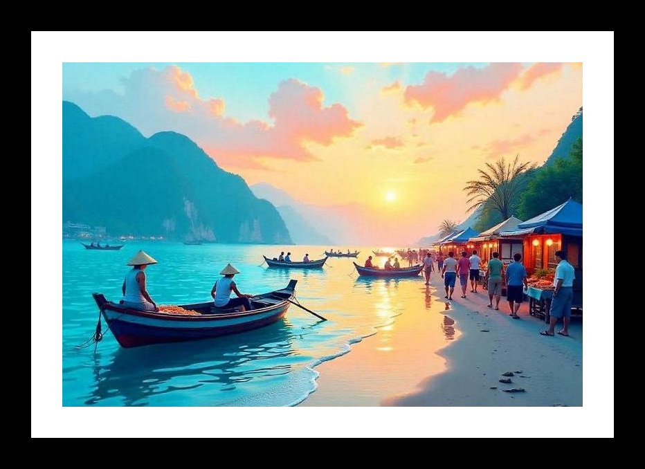 Sunset Serenity: Turquoise Waters, Vibrant Beach Market. Wall Art, Interior Accents, Framing Solutions, Residential/Commercial Decor, Premium Gifts | Size: 8 x 12 inches
