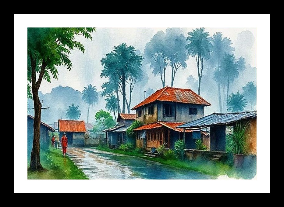 Rain-Kissed Village: Serene Street Scene Portrait. Wall Art, Interior Accents, Framing Solutions, Residential/Commercial Decor, Premium Gifts | Size: 8 x 12 inches