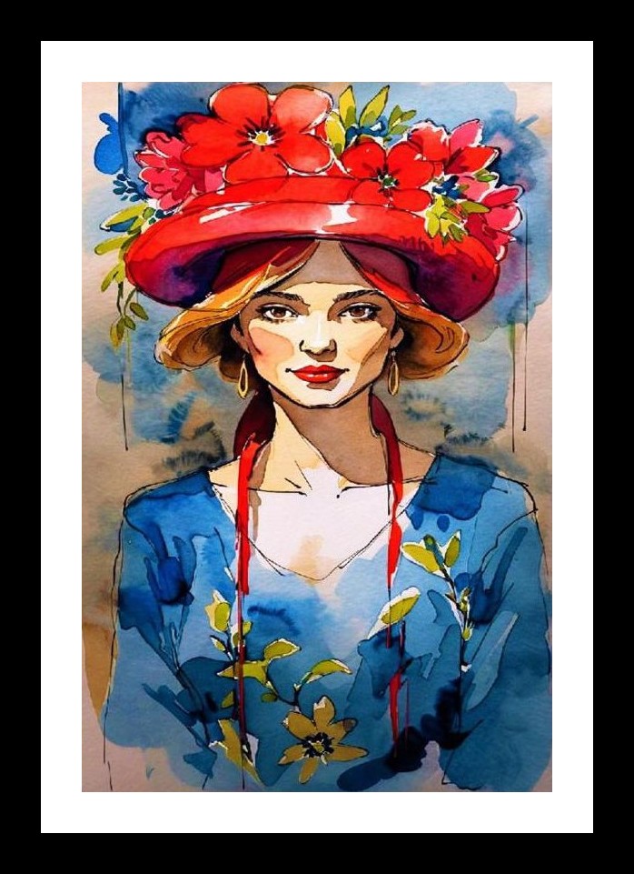 Red Floral Watercolor Woman Portrait - Wall Art, Interior Accents, Framing Solutions, Residential/Commercial Decor, Premium Gifts | Size: 8 x 12 inches