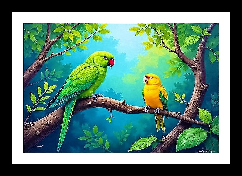 Parrot Paradise: Serene Jungle Duo Portrait Photo Frame With Photo, Wall Hanging Art, Wall Decor, Home Decor, Picture Frame | Size: 8 x 12 inches