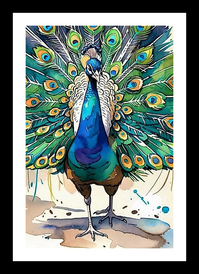 Peacock Majesty: Vibrant Watercolor Art Print. Wall Art, Interior Accents, Framing Solutions, Residential/Commercial Decor, Premium Gifts | Size: 8 x 12 inches