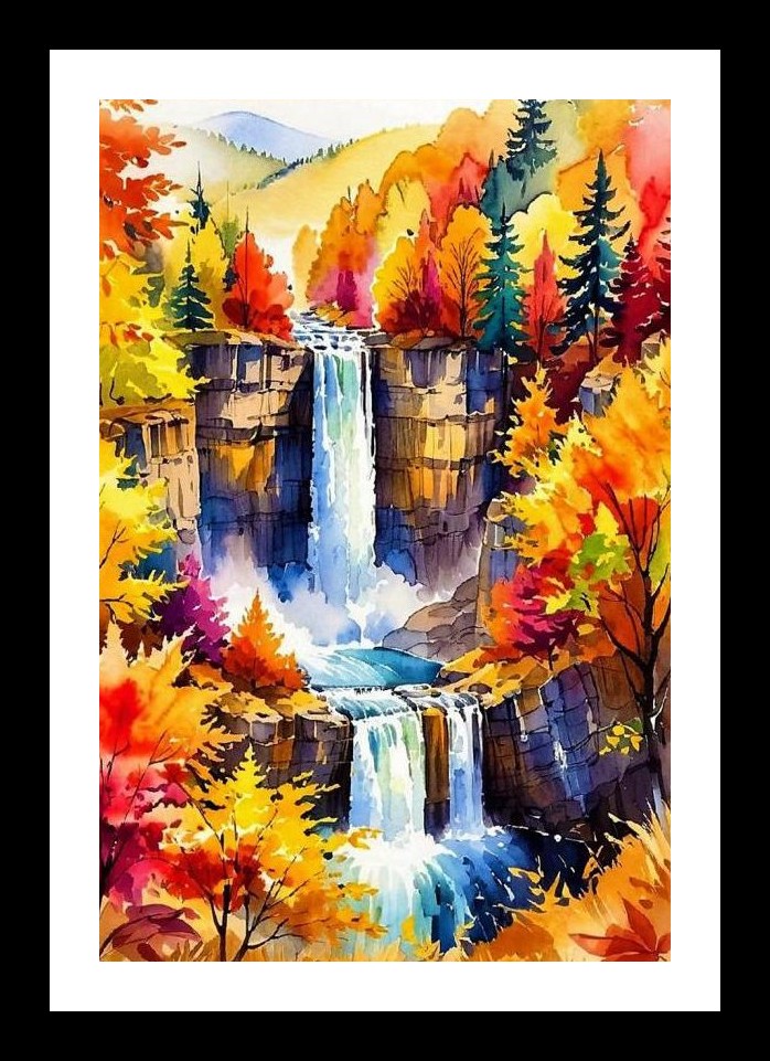 Autumn Cascade: Watercolor Waterfall Portrait Wall Art, Interior Accents, Framing Solutions, Residential/Commercial Decor, Premium Gifts | Size: 8 x 12 inches