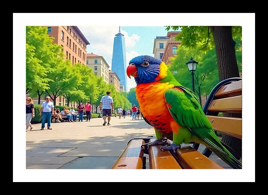 Rainbow Lorikeet Cityscape Portrait - Vibrant Urban Bird Art. Wall Art, Interior Accents, Framing Solutions, Residential/Commercial Decor, Premium Gifts | Size: 8 x 12 inches
