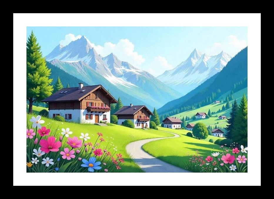 Alpine Valley Portrait: Majestic Mountains, Charming Village. Wall Art, Interior Accents, Framing Solutions, Residential/Commercial Decor, Premium Gifts | Size: 8 x 12 inches