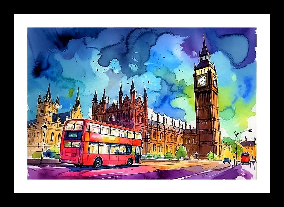 London Watercolor Cityscape: Big Ben, Red Bus Art Photo Frame With Photo, Wall Hanging Art, Wall Decor, Home Decor, Picture Frame | Size: 8 x 12 inches