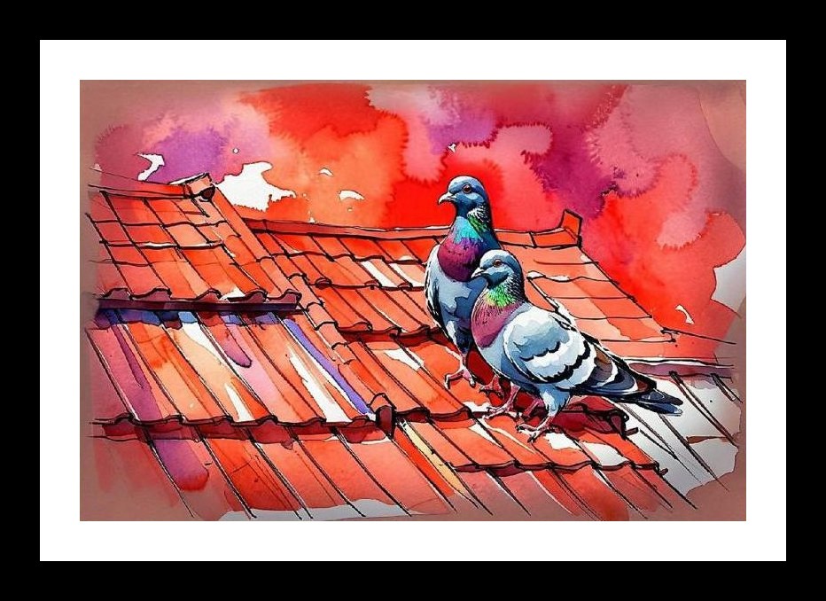 Sunset Pigeon Serenade: Vibrant birds on terracotta roof. Wall Art, Interior Accents, Framing Solutions, Residential/Commercial Decor, Premium Gifts | Size: 8 x 12 inches
