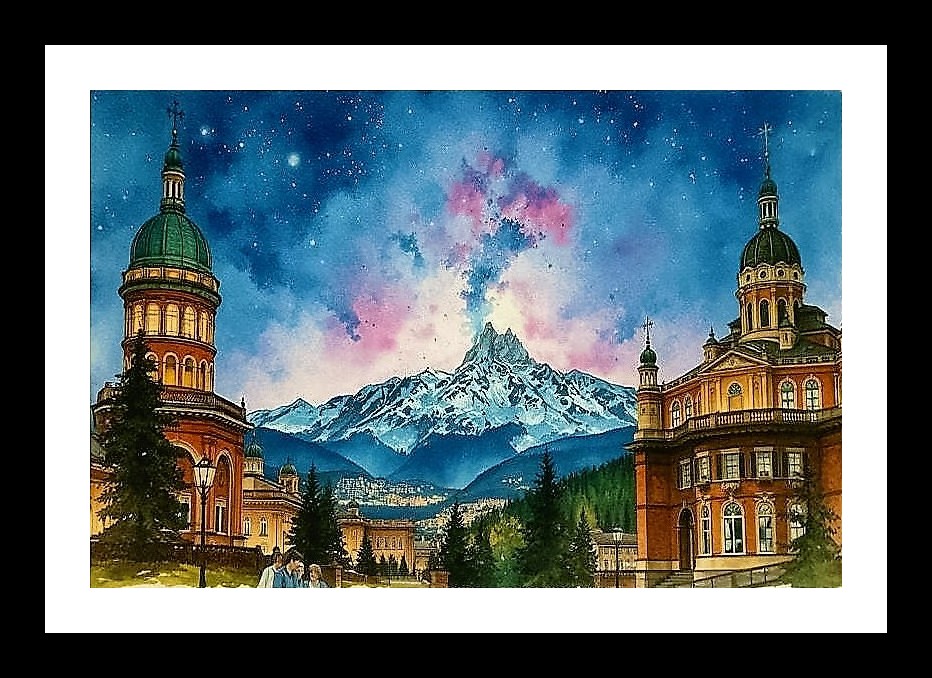 Victorian Buildings in Snowy Peaks: A Mountain Landscape Portrait. Wall Art, Interior Accents, Framing Solutions, Residential/Commercial Decor, Premium Gifts | Size: 8 x 12 inches