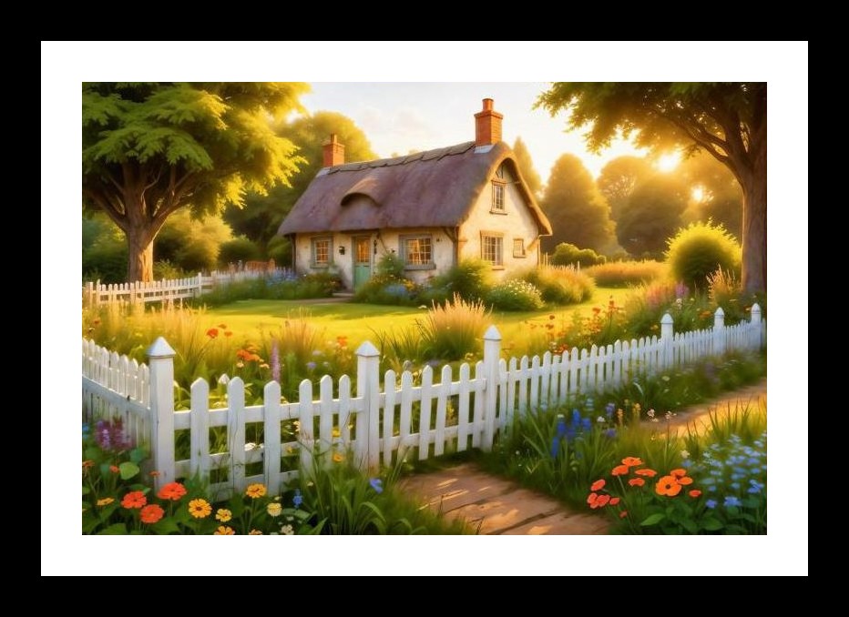 Golden Cottage Portrait: Sunlit Charm in Bloom. Wall Art, Interior Accents, Framing Solutions, Residential/Commercial Decor, Premium Gifts | Size: 8 x 12 inches