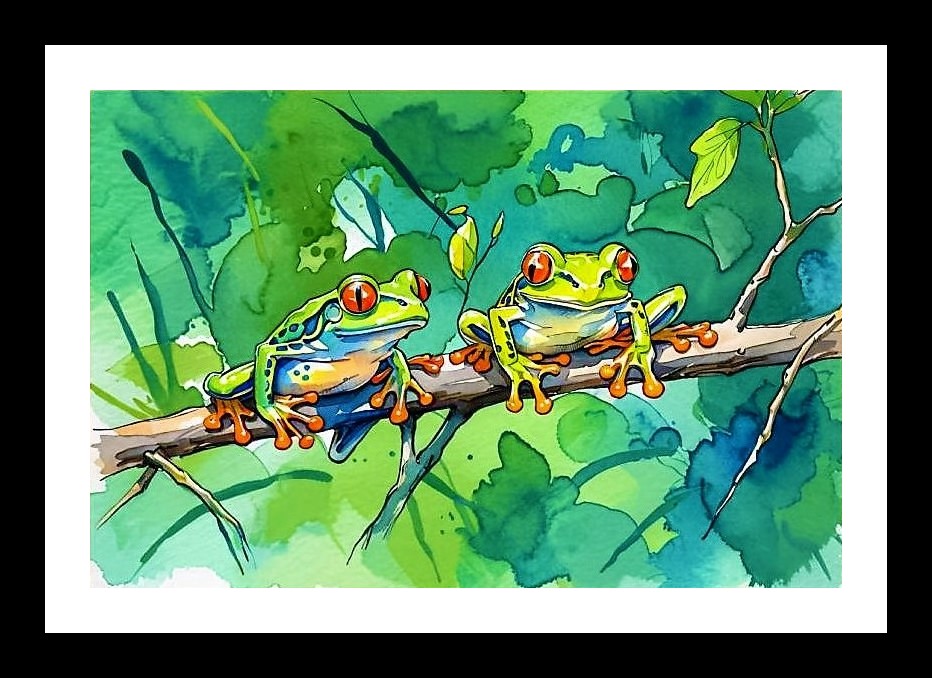 Rainforest Frogs Portrait: Vivid Watercolor Art Print Wall Art, Interior Accents, Framing Solutions, Residential/Commercial Decor, Premium Gifts | Size: 8 x 12 inches