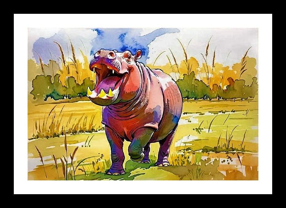Watercolor Hippo Run: Lake's Edge Portrait. Photo Frame With Photo, Wall Hanging Art, Wall Decor, Home Decor, Picture Frame | Size: 8 x 12 inches