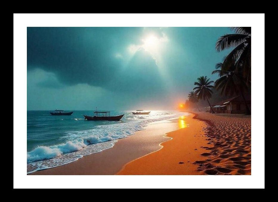 Tropical Sunset Serenity: Beach, Boats, & Golden Light. Wall Art, Interior Accents, Framing Solutions, Residential/Commercial Decor, Premium Gifts | Size: 8 x 12 inches