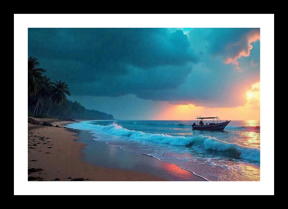 Tropical Sunset Serenity: Lone Boat at Sea Wall Art, Interior Accents, Framing Solutions, Residential/Commercial Decor, Premium Gifts | Size: 8 x 12 inches