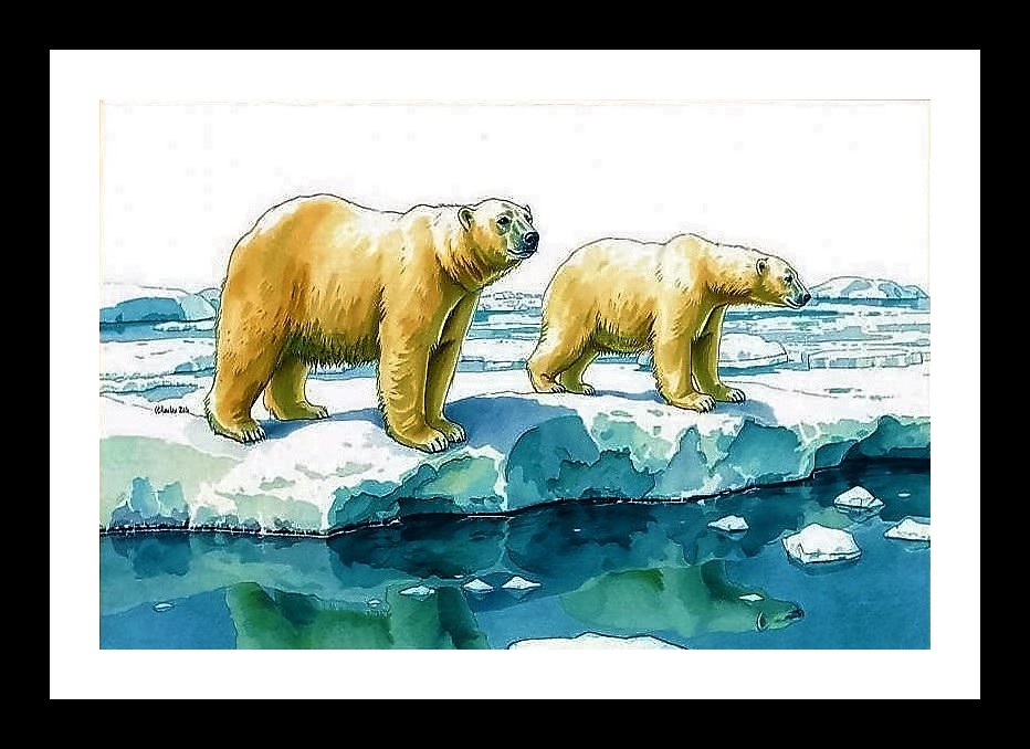 Arctic Majesty: Watercolor Polar Bears Hunting on Frozen Lake Photo Frame With Photo, Wall Hanging Art, Wall Decor, Home Decor, Picture Frame | Size: 8 x 12 inches