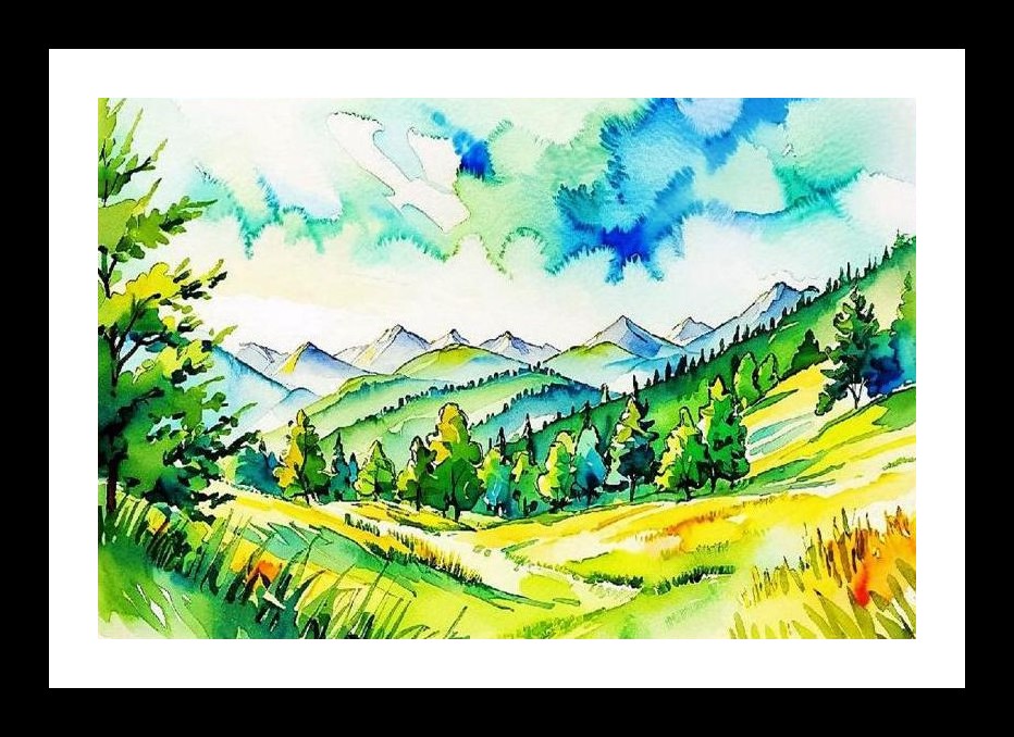 Vibrant Watercolor Landscape Portrait - Rolling Hills, Mountains, Colorful Sky Wall Art, Interior Accents, Framing Solutions, Residential/Commercial Decor, Premium Gifts | Size: 8 x 12 inches