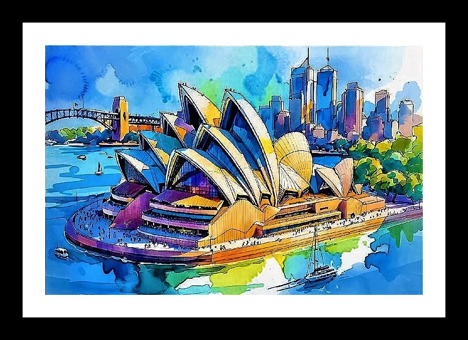 Sydney Opera House Watercolor Portrait - Vivid Art Print. Photo Frame With Photo, Wall Hanging Art, Wall Decor, Home Decor, Picture Frame | Size: 8 x 12 inches