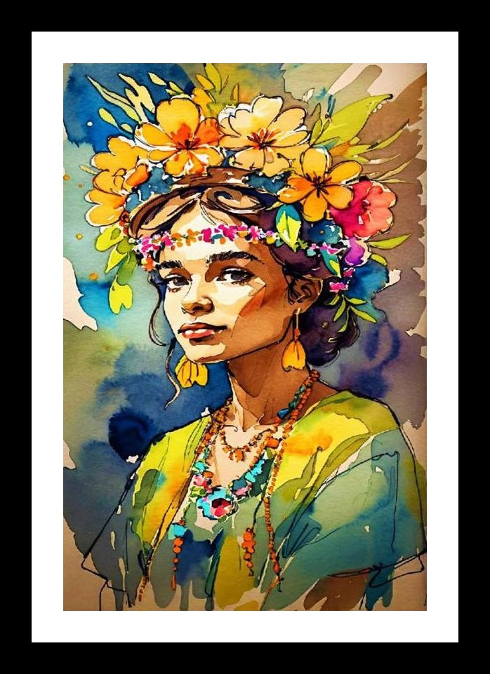 Floral Crowned Woman: Vibrant Watercolor Portrait. Wall Art, Interior Accents, Framing Solutions, Residential/Commercial Decor, Premium Gifts | Size: 8 x 12 inches