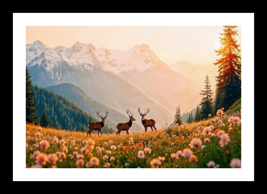 Majestic Deer Sunset Alpine Meadow Photo: Breathtaking Mountain View Wall Art, Interior Accents, Framing Solutions, Residential/Commercial Decor, Premium Gifts | Size: 8 x 12 inches