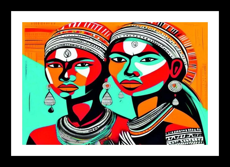 Sisters in Splendor: Vibrant Headdress Portrait Wall Art, Interior Accents, Framing Solutions, Residential/Commercial Decor, Premium Gifts | Size: 8 x 12 inches