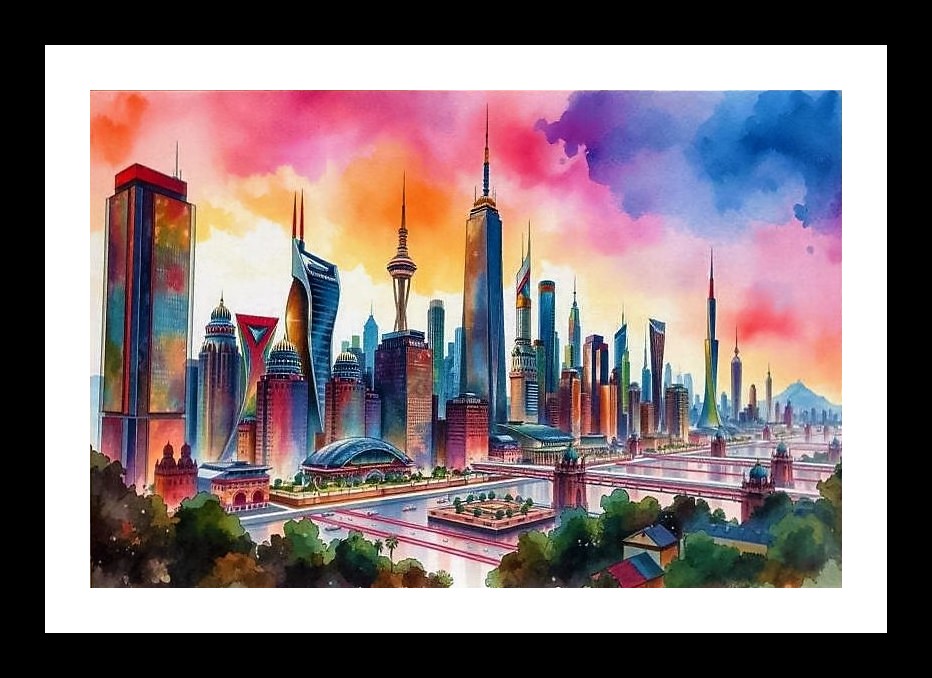 Watercolor Cityscape: Modern Skyline Art with Lush Greenery Photo Frame With Photo, Wall Hanging Art, Wall Decor, Home Decor, Picture Frame | Size: 8 x 12 inches