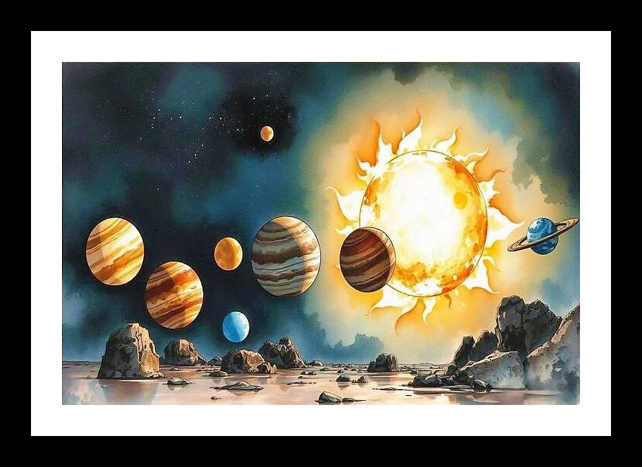 Celestial Shores: Sun, Planets, & Reflection - Breathtaking Portrait. Wall Art, Interior Accents, Framing Solutions, Residential/Commercial Decor, Premium Gifts | Size: 8 x 12 inches