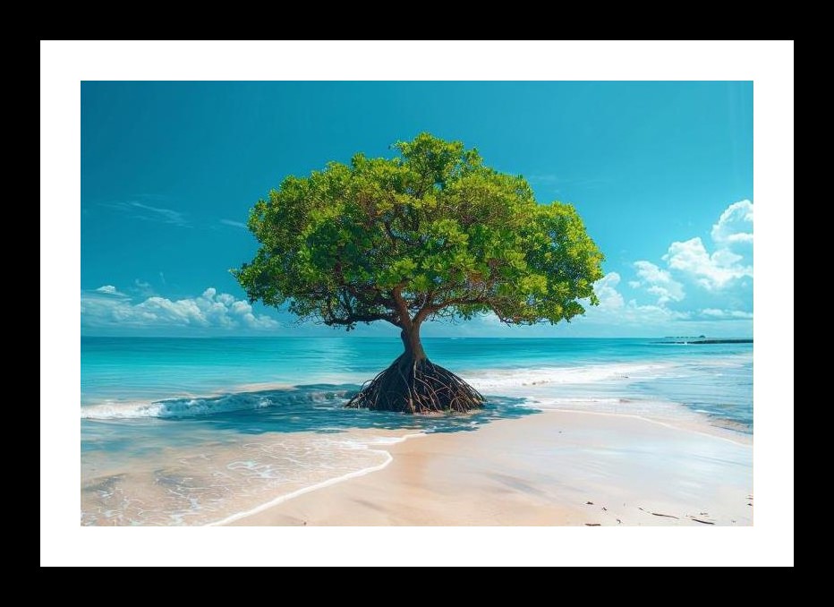 Seaside Sanctuary: Lush Tree, Gentle Waves - Paradise Found. Wall Art, Interior Accents, Framing Solutions, Residential/Commercial Decor, Premium Gifts | Size: 8 x 12 inches