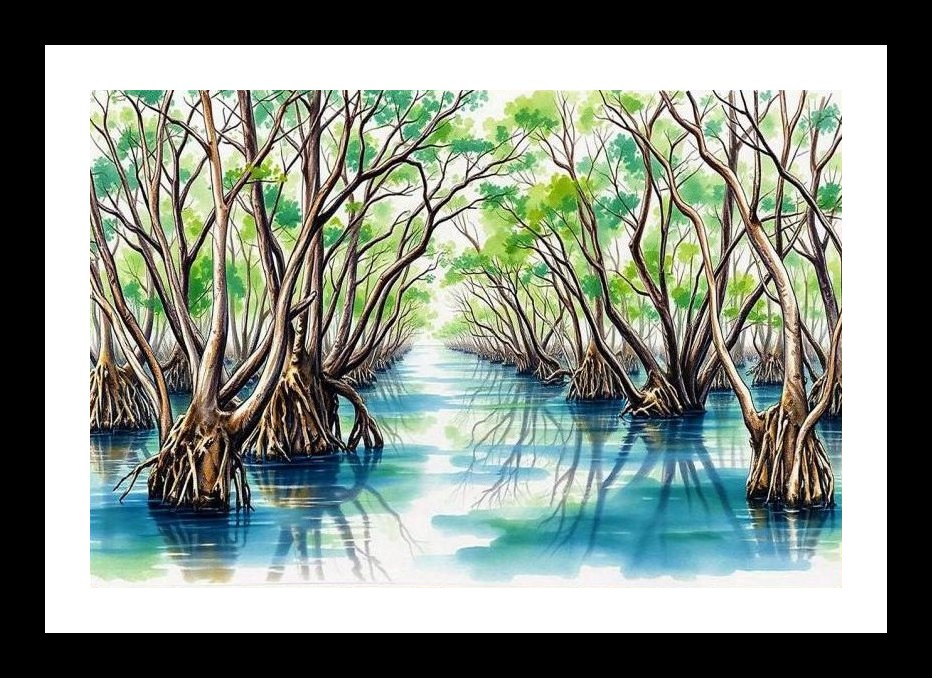 Mangrove Serenity: Waterway Reflection Portrait Wall Art, Interior Accents, Framing Solutions, Residential/Commercial Decor, Premium Gifts | Size: 8 x 12 inches