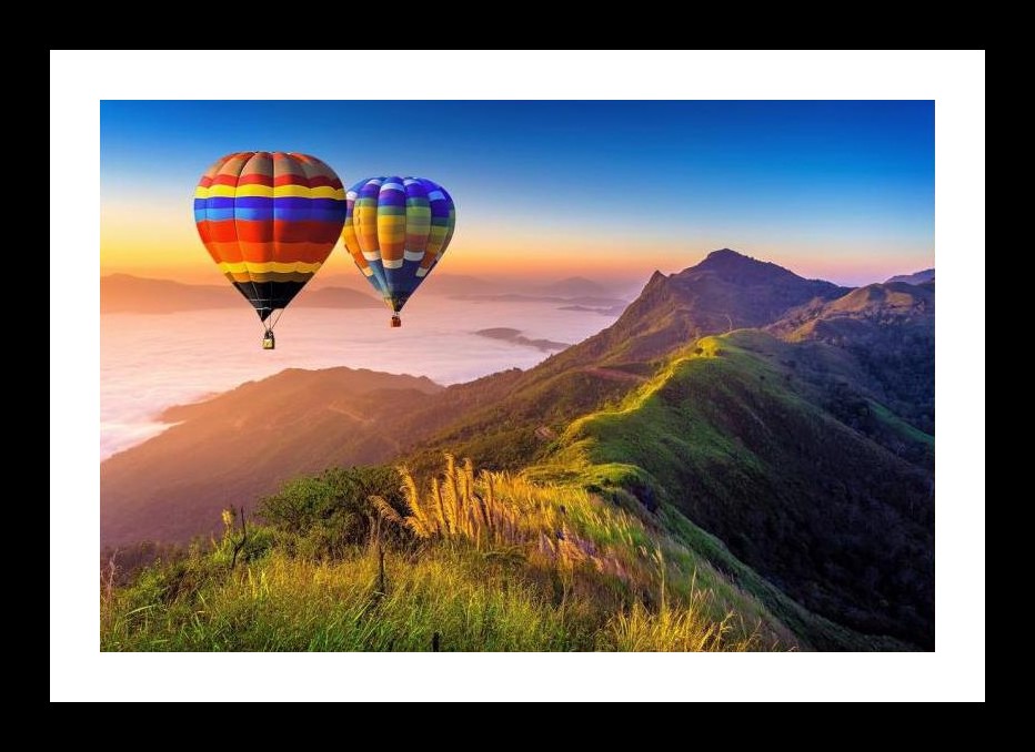 Sunrise Balloon Flight: Mountain Majesty. Wall Art, Interior Accents, Framing Solutions, Residential/Commercial Decor, Premium Gifts | Size: 8 x 12 inches
