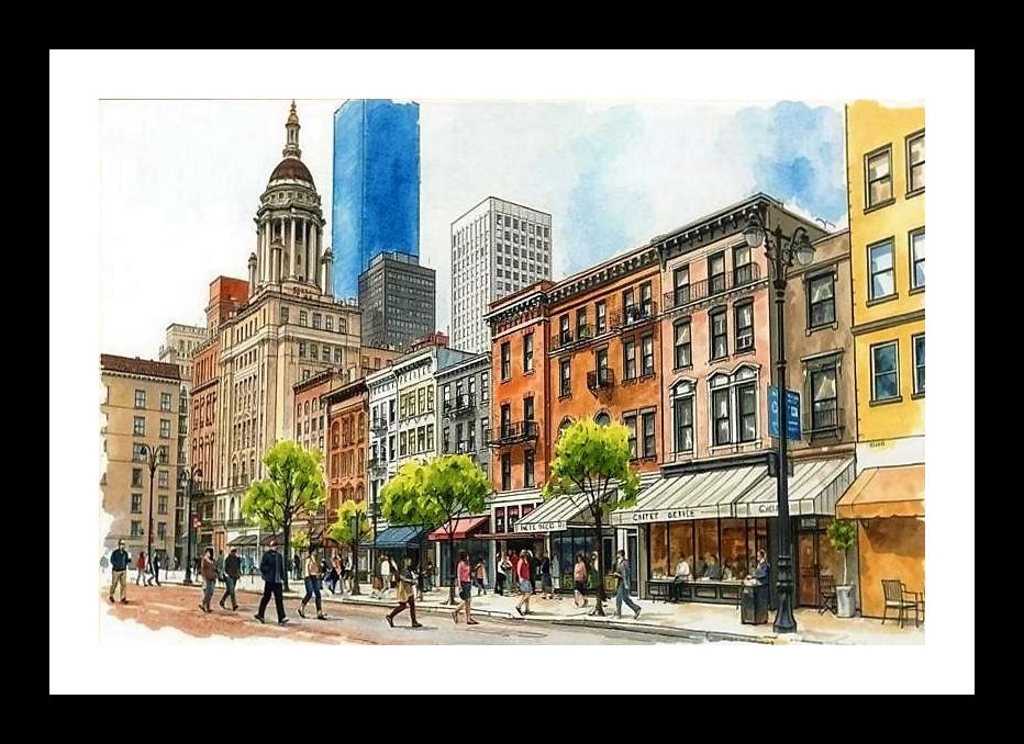 City Street Watercolor Art - Historic & Modern Blend Wall Art, Interior Accents, Framing Solutions, Residential/Commercial Decor, Premium Gifts | Size: 8 x 12 inches