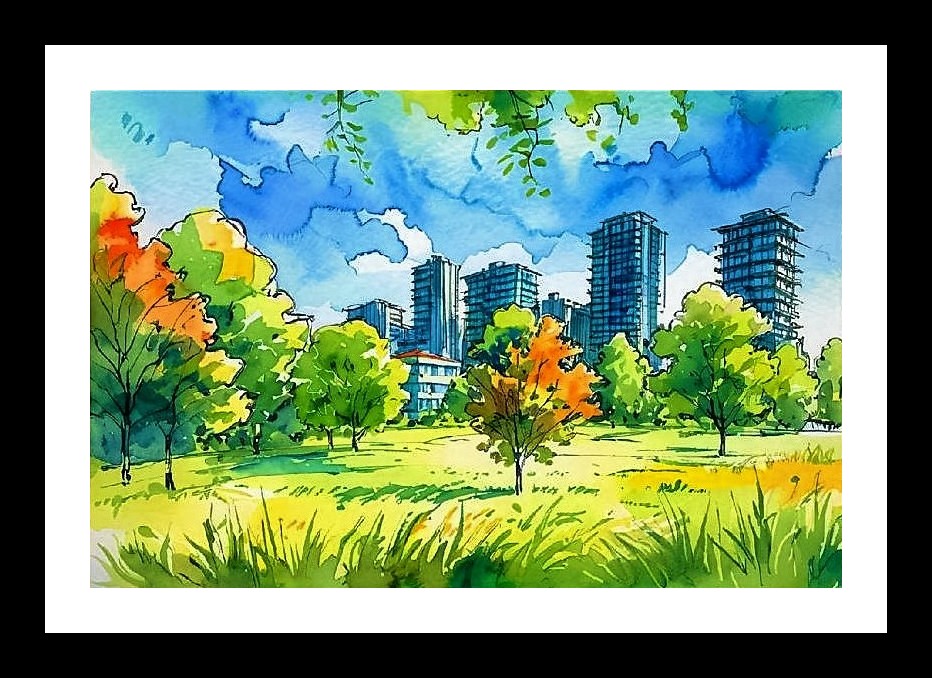 Tranquil Park Watercolor Art: Vibrant Cityscape Painting Wall Art, Interior Accents, Framing Solutions, Residential/Commercial Decor, Premium Gifts | Size: 8 x 12 inches
