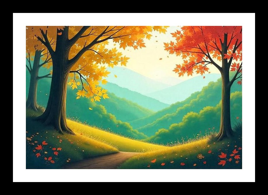 Autumn's Embrace: Golden Leaves on Tranquil Path. Wall Art, Interior Accents, Framing Solutions, Residential/Commercial Decor, Premium Gifts | Size: 8 x 12 inches