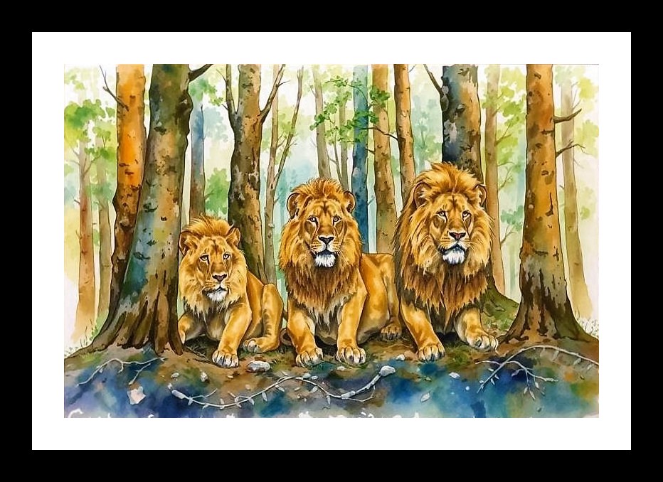 Majestic Lion Trio Portrait - Tropical Forest Backdrop Photo Frame With Photo, Wall Hanging Art, Wall Decor, Home Decor, Picture Frame | Size: 8 x 12 inches