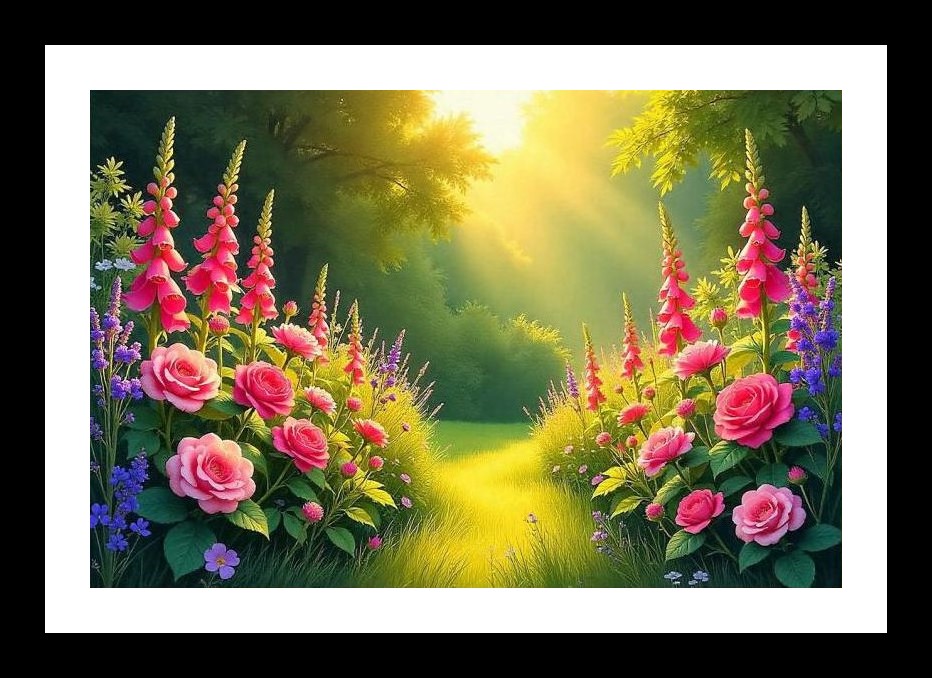 Sunlit Garden Path: Pink Roses & Foxgloves Portrait Wall Art, Interior Accents, Framing Solutions, Residential/Commercial Decor, Premium Gifts | Size: 8 x 12 inches