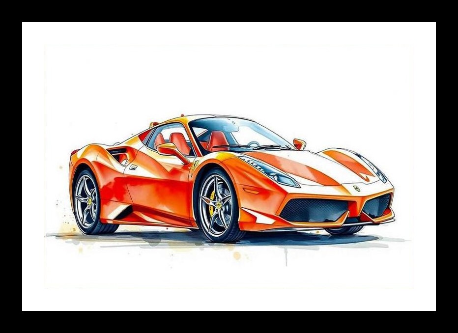Orange Ferrari Watercolor Art - Sleek & Vibrant Wall Art, Interior Accents, Framing Solutions, Residential/Commercial Decor, Premium Gifts | Size: 8 x 12 inches