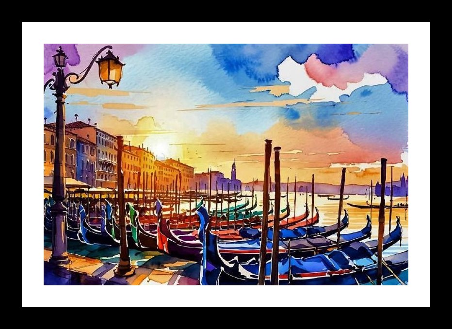 Venetian Sunset Gondolas Watercolor Portrait Wall Art, Interior Accents, Framing Solutions, Residential/Commercial Decor, Premium Gifts | Size: 8 x 12 inches