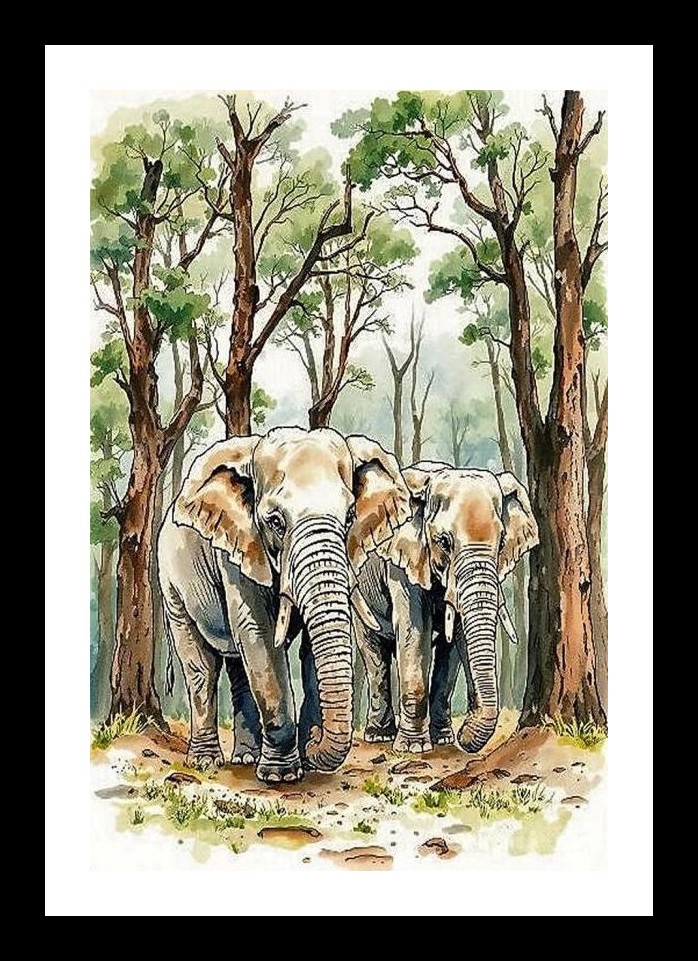Elephants in Forest: Serene Stroll Portrait Wall Art, Interior Accents, Framing Solutions, Residential/Commercial Decor, Premium Gifts | Size: 8 x 12 inches