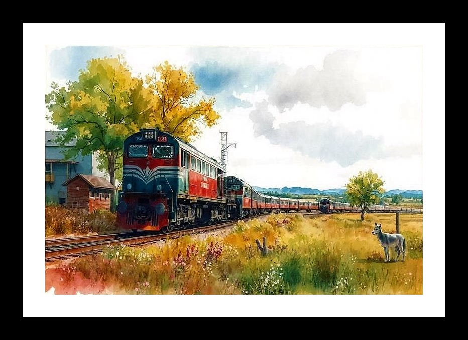 Watercolor Locomotive in Field: Art Print Wall Art, Interior Accents, Framing Solutions, Residential/Commercial Decor, Premium Gifts | Size: 8 x 12 inches