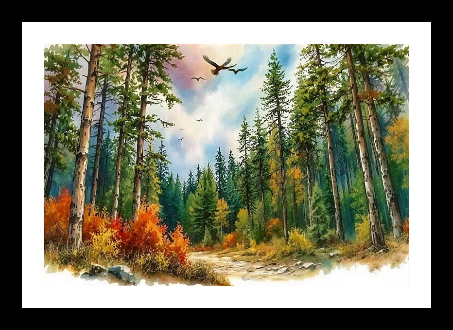 Serene Watercolor Landscape Painting: Tranquil Forest Hills, Soaring Birds, Photo Frame With Photo, Wall Hanging Art, Wall Decor, Home Decor, Picture Frame | Size: 8 x 12 inches
