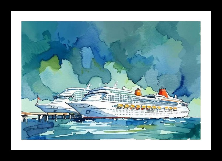 Cruise Ship Dock Watercolor Art - Serene Travel Scene. Wall Art, Interior Accents, Framing Solutions, Residential/Commercial Decor, Premium Gifts | Size: 8 x 12 inches