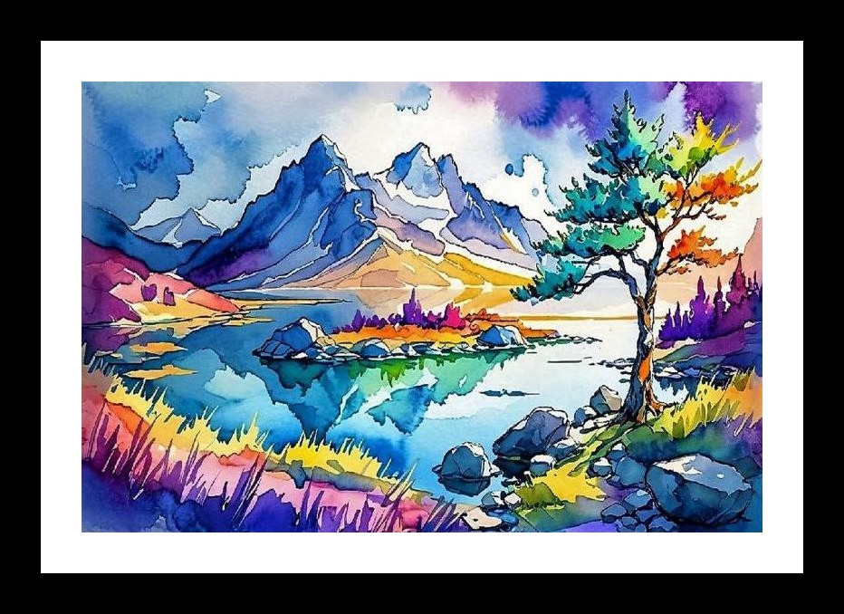 Watercolor Mountain Lake Portrait - Vibrant Nature Scene Wall Art, Interior Accents, Framing Solutions, Residential/Commercial Decor, Premium Gifts | Size: 8 x 12 inches