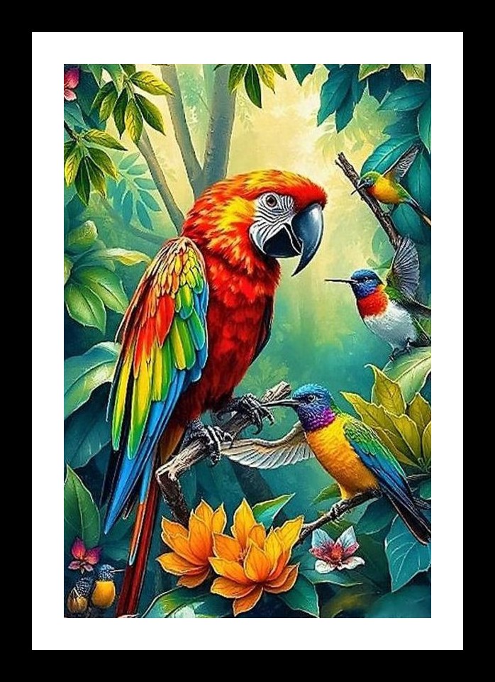 Tropical Macaw & Hummingbird Paradise Portrait Wall Art, Interior Accents, Framing Solutions, Residential/Commercial Decor, Premium Gifts | Size: 8 x 12 inches