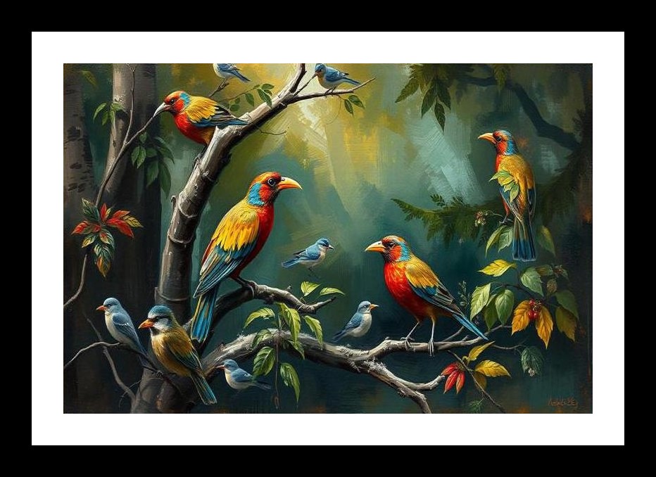 Colorful Birds Portrait on Forest Branches Wall Art, Interior Accents, Framing Solutions, Residential/Commercial Decor, Premium Gifts | Size: 8 x 12 inches