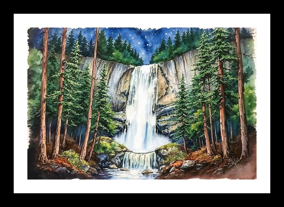 Serene Starlit Waterfall Portrait - Framed Beauty. Photo Frame With Photo, Wall Hanging Art, Wall Decor, Home Decor, Picture Frame | Size: 8 x 12 inches