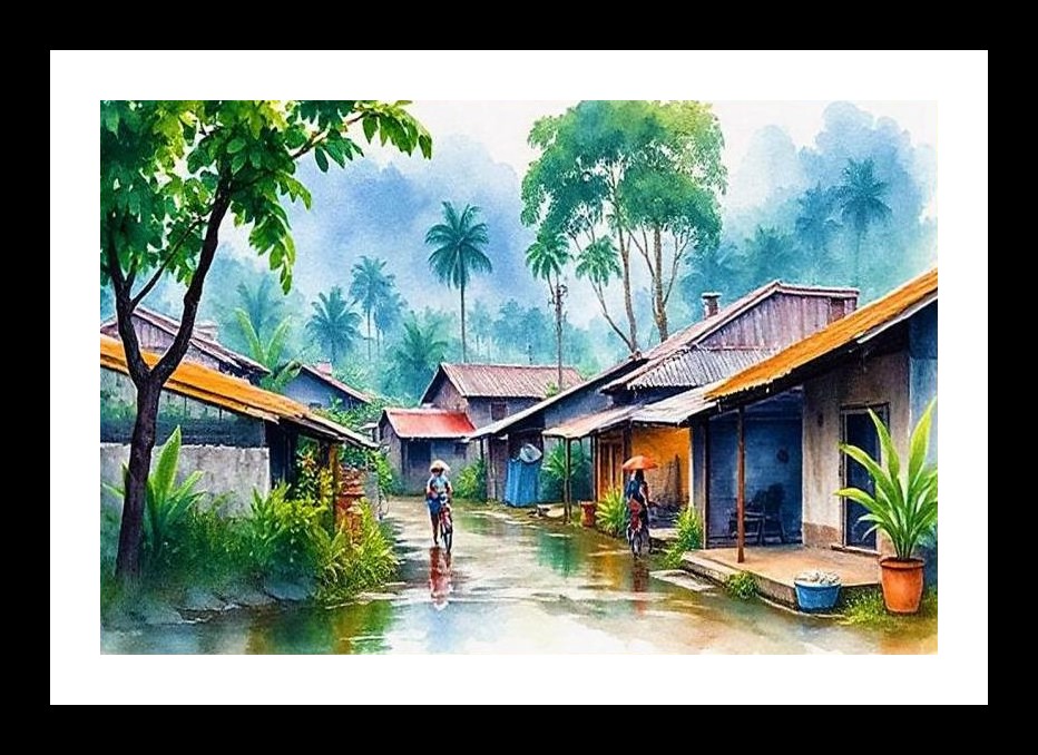 Rain-Kissed Village: Bicycle Serenade Wall Art, Interior Accents, Framing Solutions, Residential/Commercial Decor, Premium Gifts | Size: 8 x 12 inches