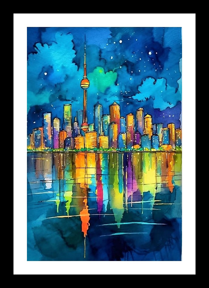 Watercolor Cityscape Stargaze: Dreamy Night Reflection Wall Art, Interior Accents, Framing Solutions, Residential/Commercial Decor, Premium Gifts | Size: 8 x 12 inches