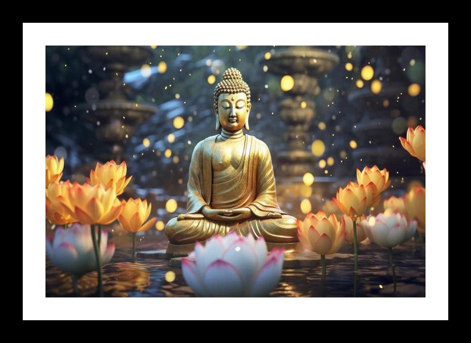 Golden Buddha Lotus Serenity: Peaceful Radiance. Wall Art, Interior Accents, Framing Solutions, Residential/Commercial Decor, Premium Gifts | Size: 8 x 12 inches