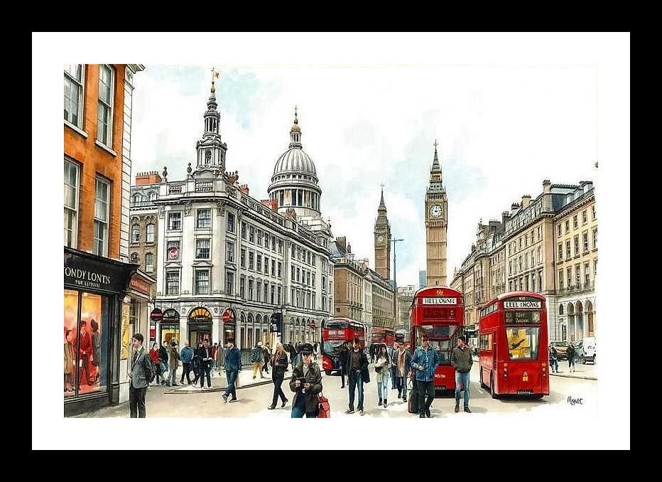 London Panorama: Red Buses, St. Paul's, Big Ben Art. Wall Art, Interior Accents, Framing Solutions, Residential/Commercial Decor, Premium Gifts | Size: 8 x 12 inches
